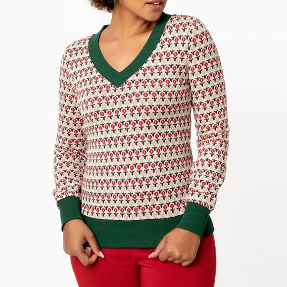 Unique Vintage Beige, Red & Green Tulip Sterling Sweater Womens Size Medium - Picture 2 of 11